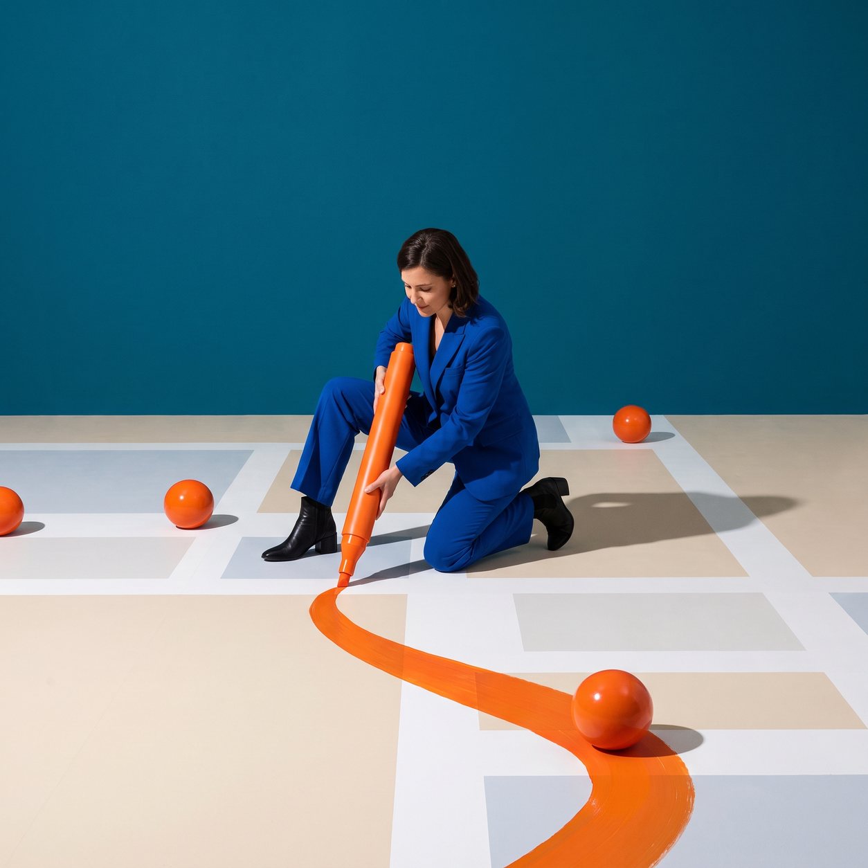 Een vrouw in een kobaltblauw pak knielt op een grote lichte vloerkaart en tekent er met een reusachtige oranje stift één duidelijke route overheen, tegen een teal achtergrond.